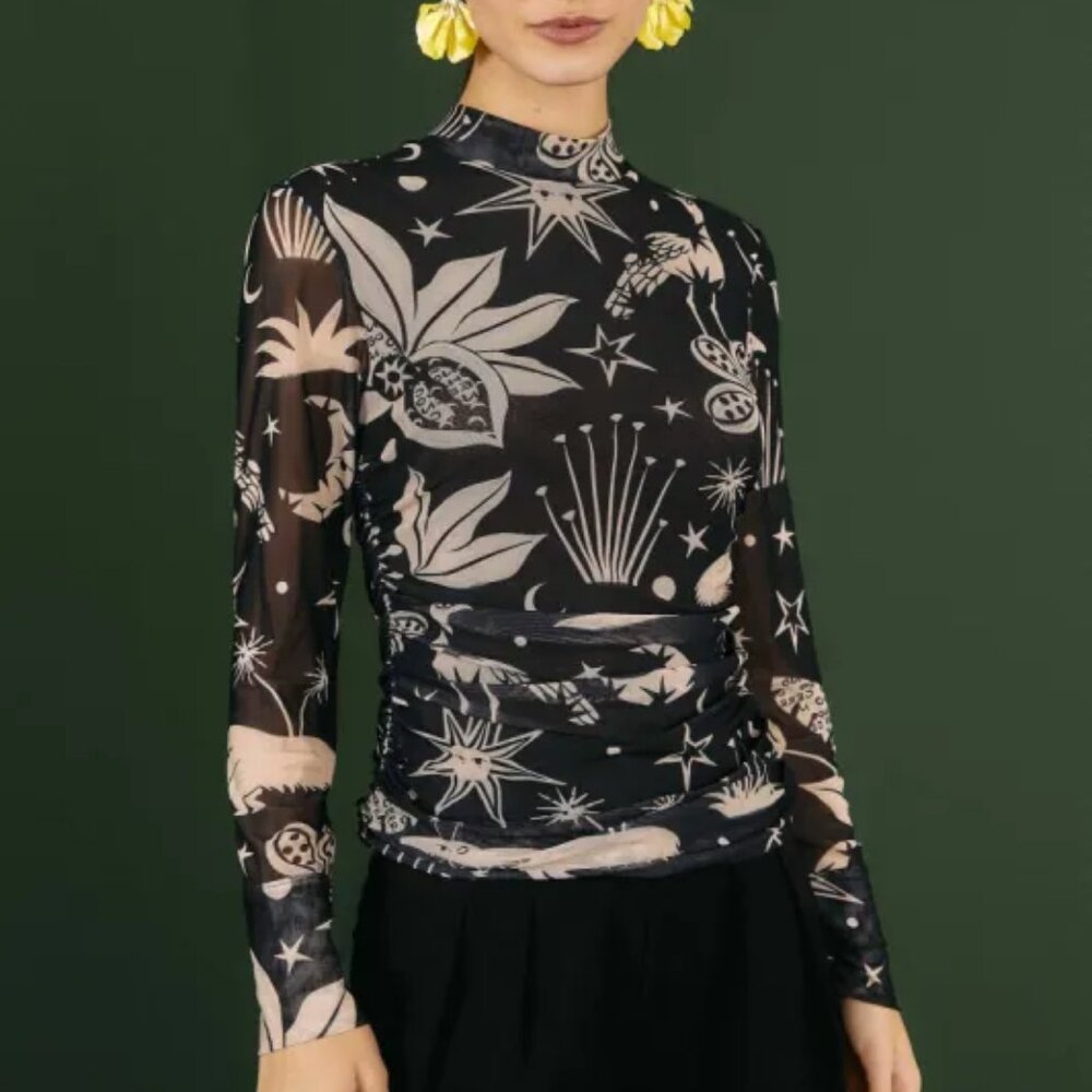 NWT Farm Rio Cerrado Sky Printed Mesh Ruched Mock Neck Long Sleeve Top - Picture 2 of 6